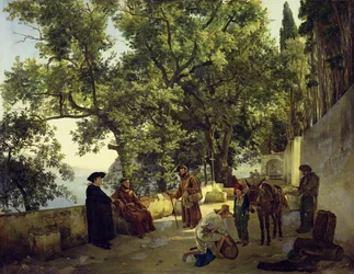 Weranda nad brzegiem morza, mnisi z klasztoru Cappucin na przedmieściach Sorrento, 1827 r.